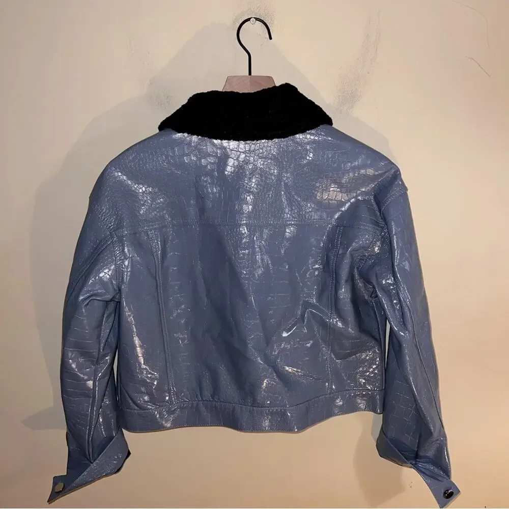 DOLCE CABO Womens Aviator Jacket Medium Blue Patent Leather Bomber Sherpa Y2k S - Picture 8 of 8